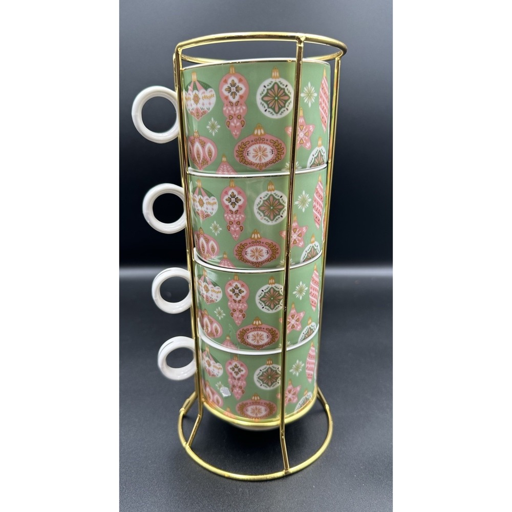 Set-4 Grace Teaware Fine Porcelain Stack 8 Oz Christmas Ornament Print Mugs